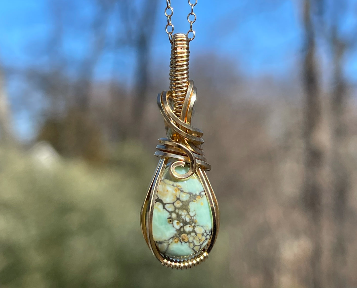 Wire-Wrapped Seven Dwarfs (7D) Turquoise Pendant in 14k Goldfill
