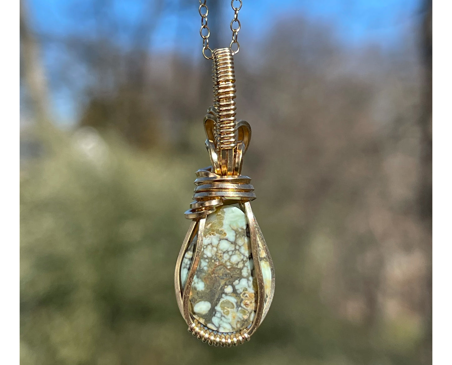 Wire-Wrapped Seven Dwarfs (7D) Turquoise Pendant in 14k Goldfill