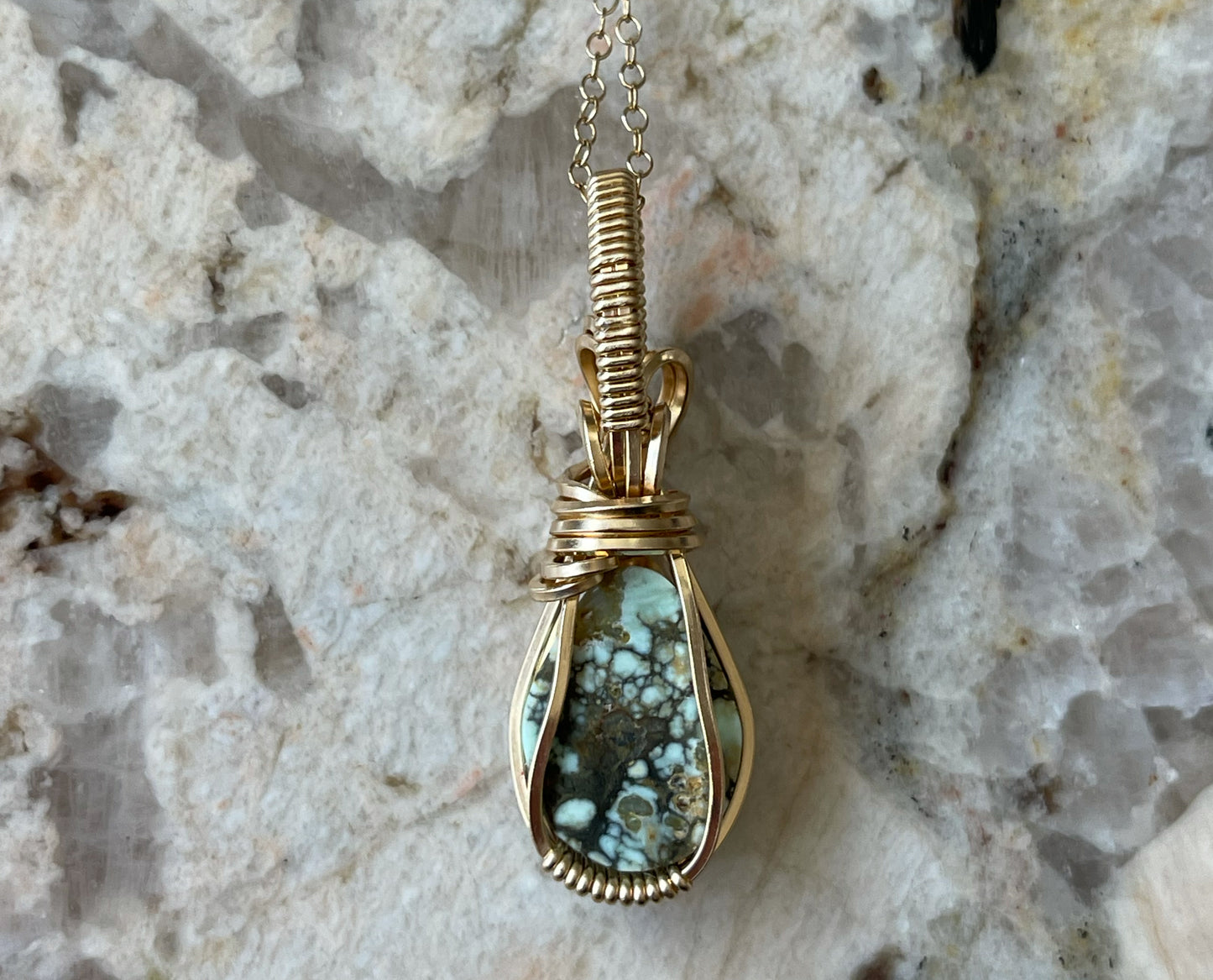 Wire-Wrapped Seven Dwarfs (7D) Turquoise Pendant in 14k Goldfill