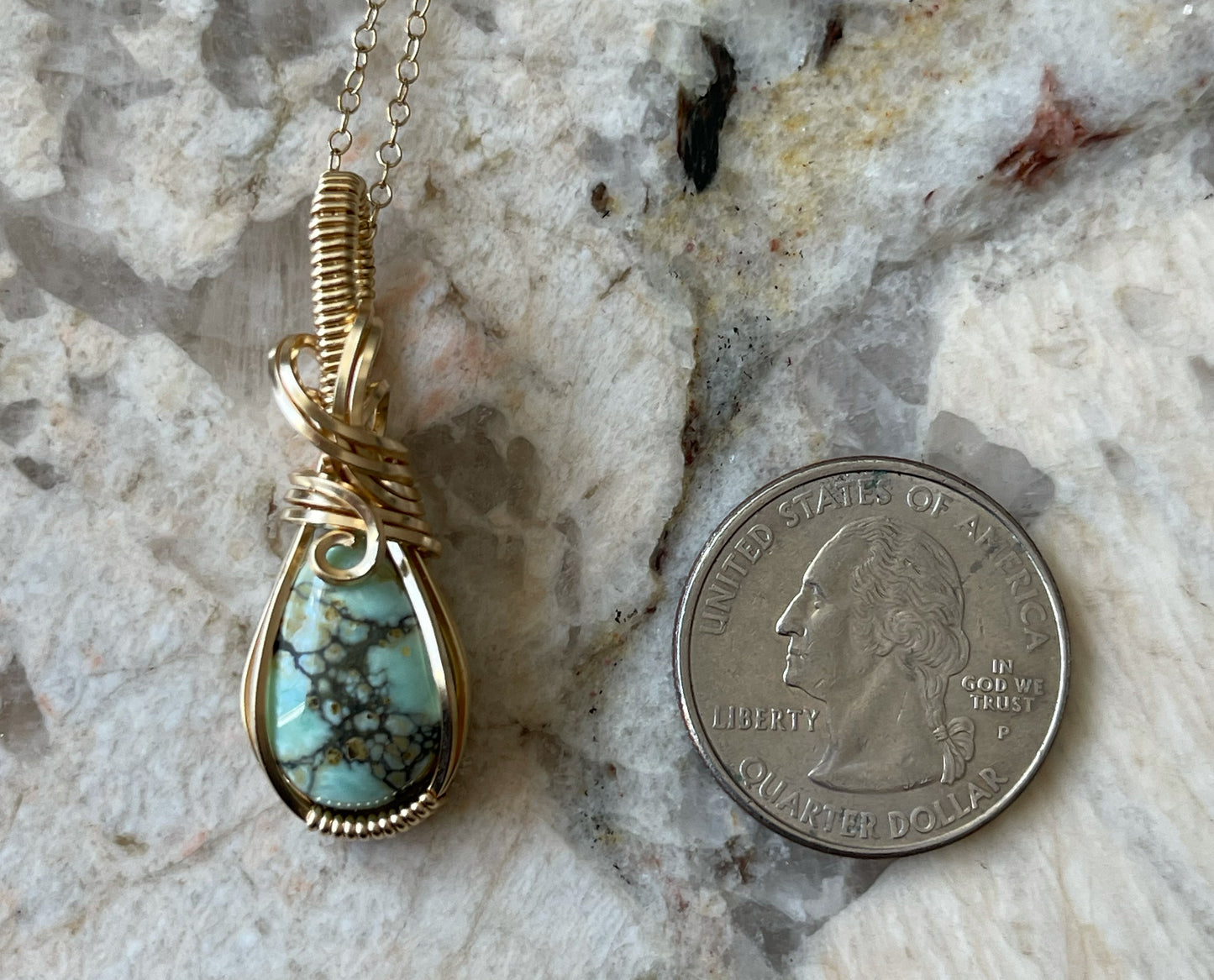 Wire-Wrapped Seven Dwarfs (7D) Turquoise Pendant in 14k Goldfill