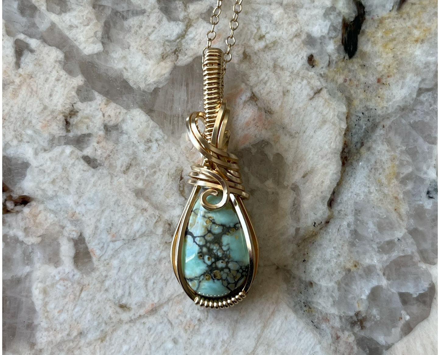 Wire-Wrapped Seven Dwarfs (7D) Turquoise Pendant in 14k Goldfill