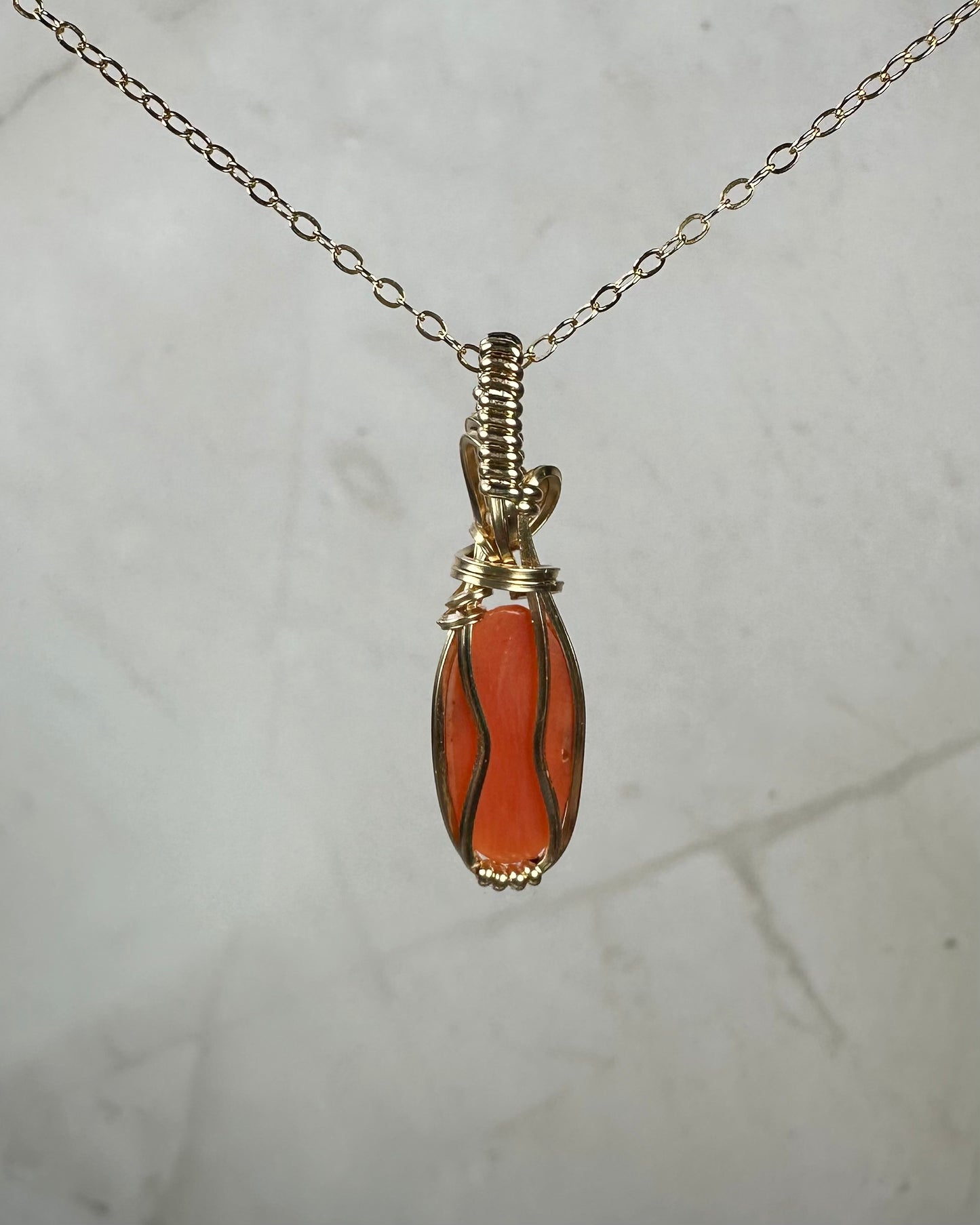 Antique Carved Coral Cameo of Woman Pendant Wire-Wrapped in 14k Goldfill