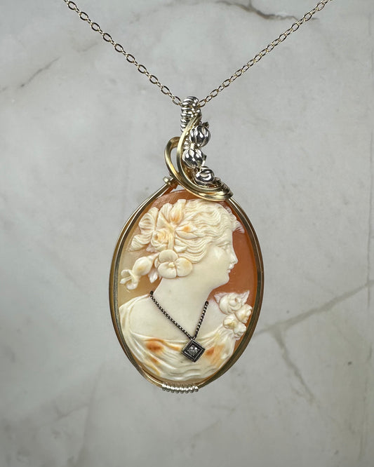 Antique Carved Shell Habillé (Dressed) Cameo Wrapped in 14k Goldfilled and Sterling Silver Wire