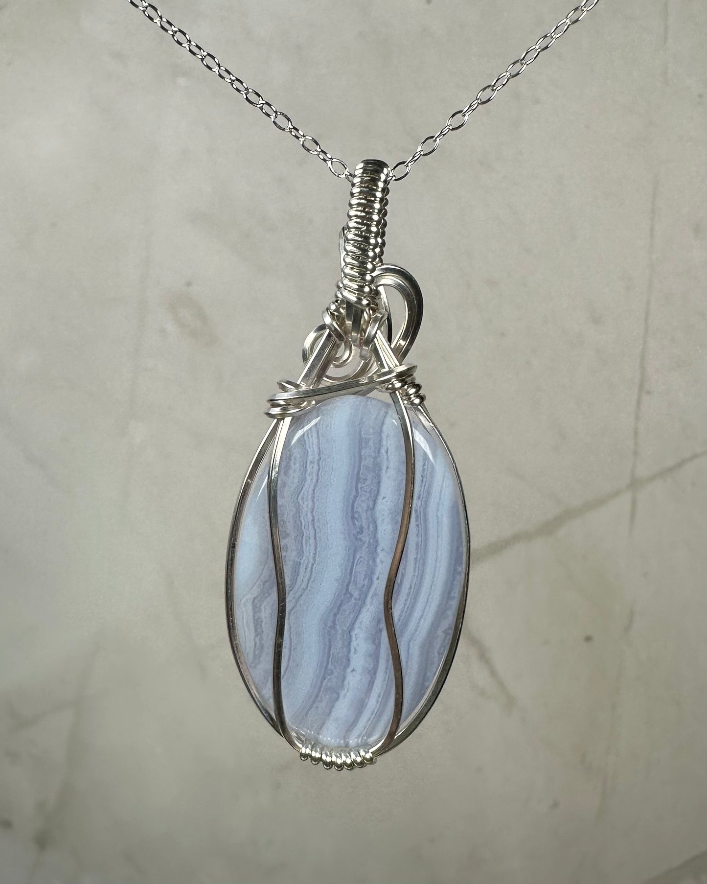Blue Lace Agate Pendant Wrapped in Sterling Silver Wire
