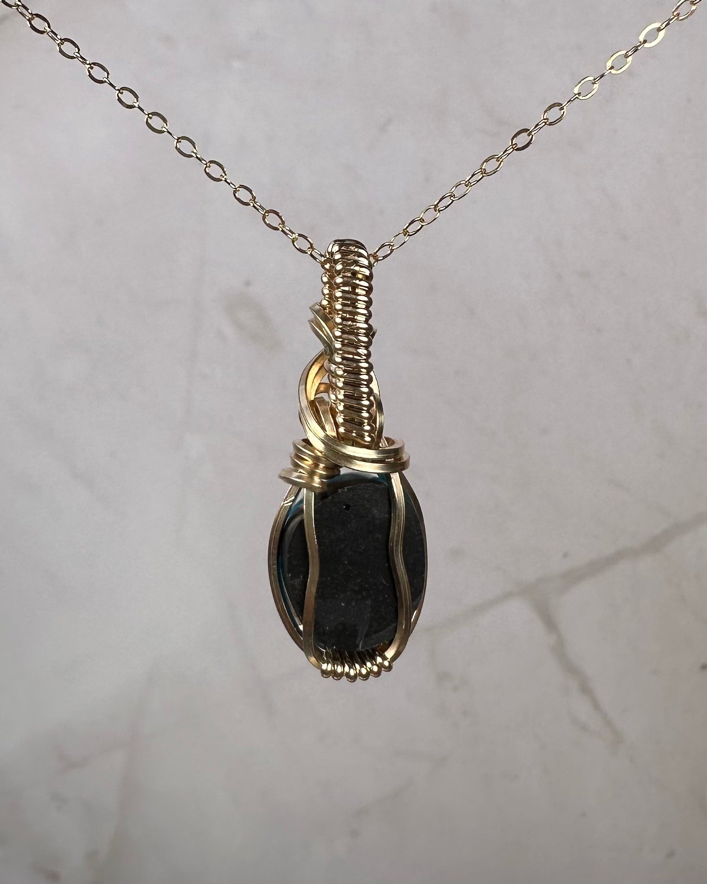 Wire-Wrapped Vintage Blue American-Mined Turquoise Pendant in 14k Goldfill