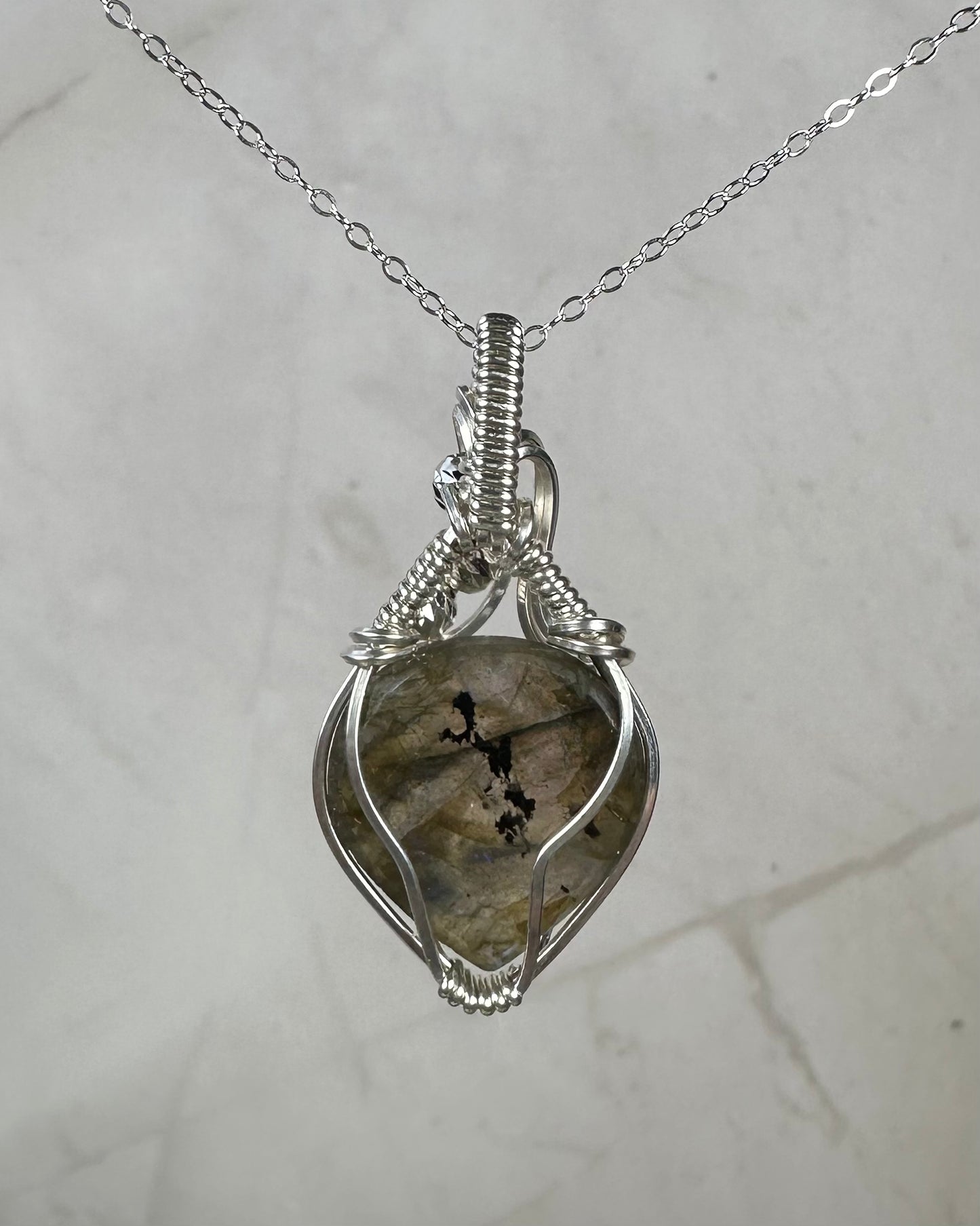 Flashy Blue Labradorite Pendant Wire-Wrapped in Sterling Silver