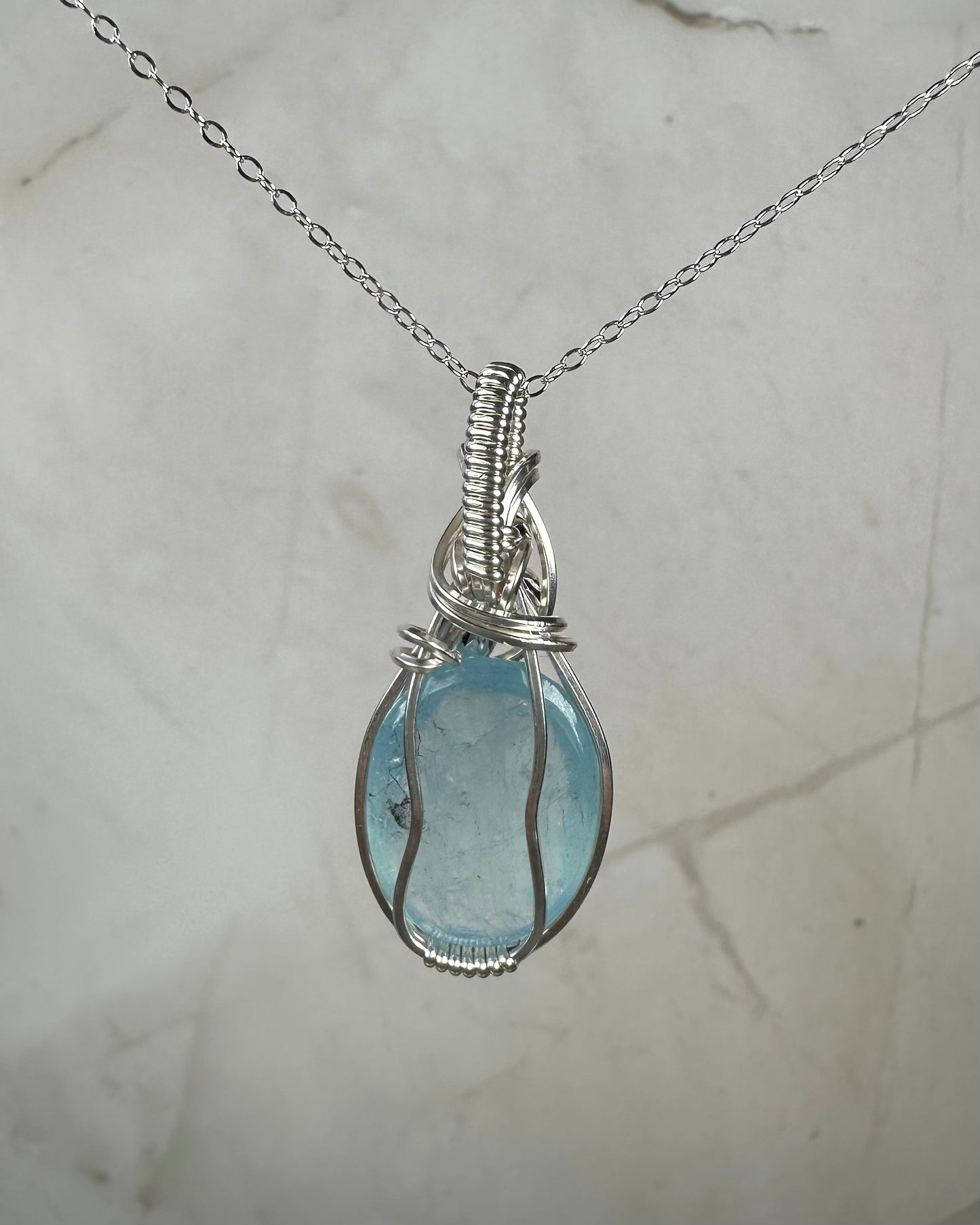 Wire-Wrapped Rosecut Aquamarine Pendant in Sterling Silver Wire