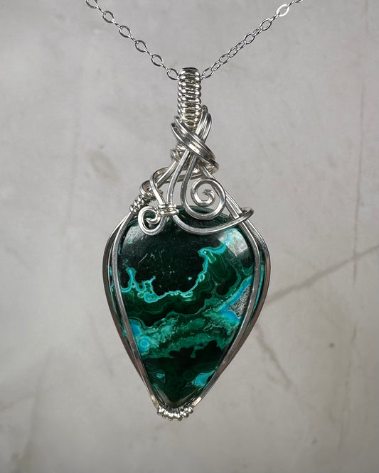 Chrysocolla Pendant Wire-Wrapped in Sterling Silver