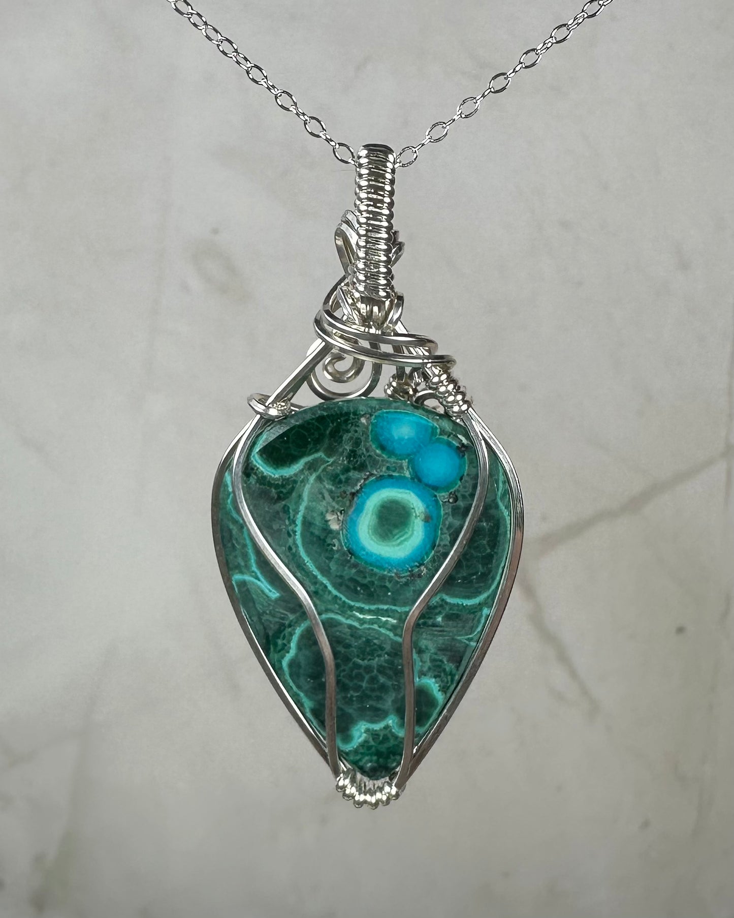 Chrysocolla Pendant Wire-Wrapped in Sterling Silver