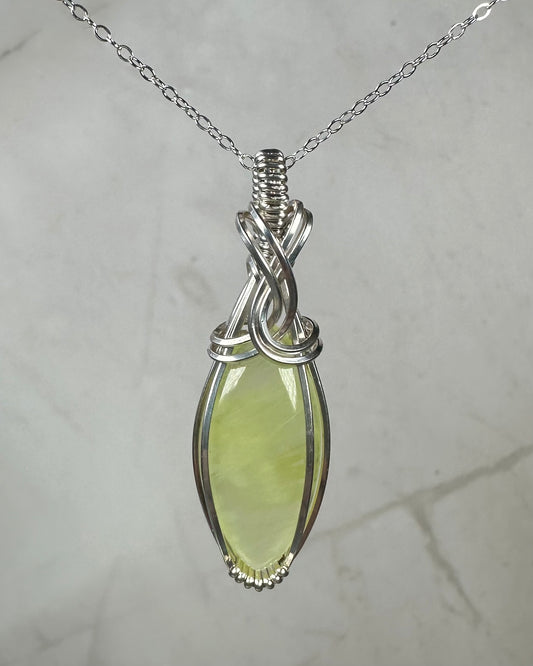 Wire-Wrapped Natural Green/Yellow Prehnite Pendant in Sterling Silver