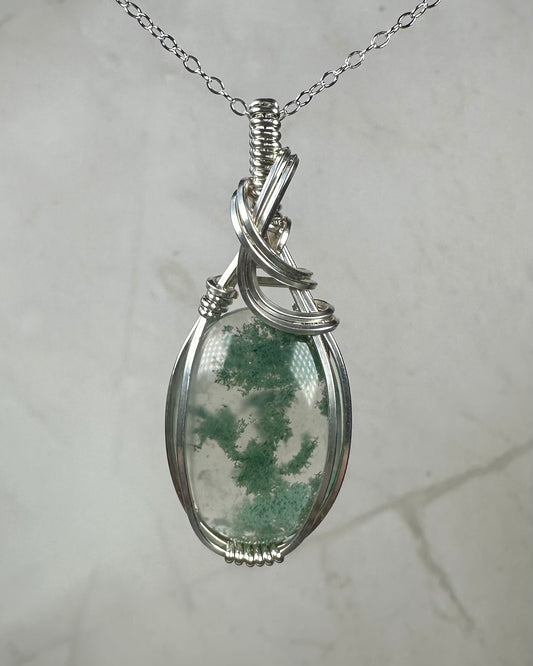 Moss Agate Pendant Wrapped in Sterling Silver Wire