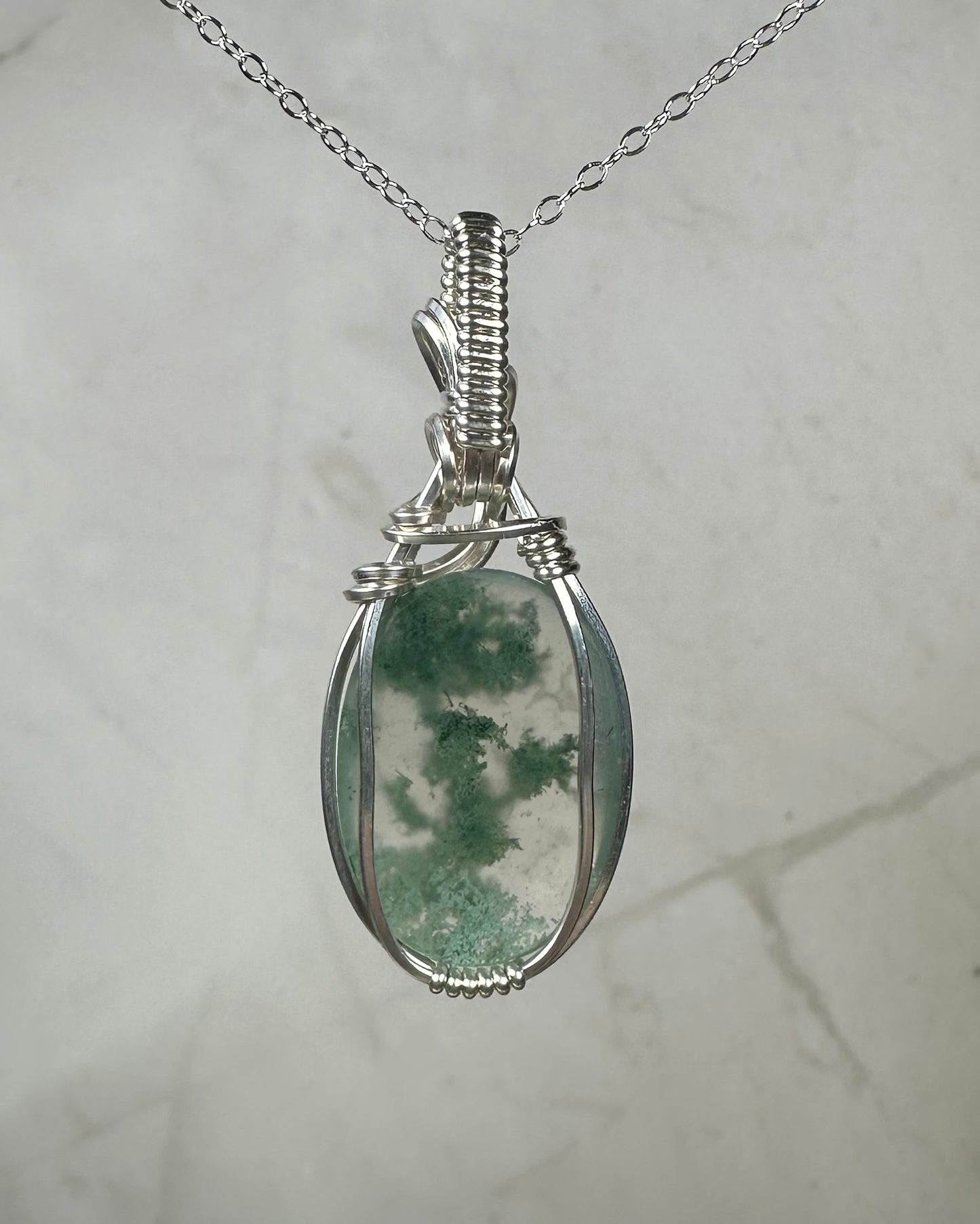 Moss Agate Pendant Wrapped in Sterling Silver Wire