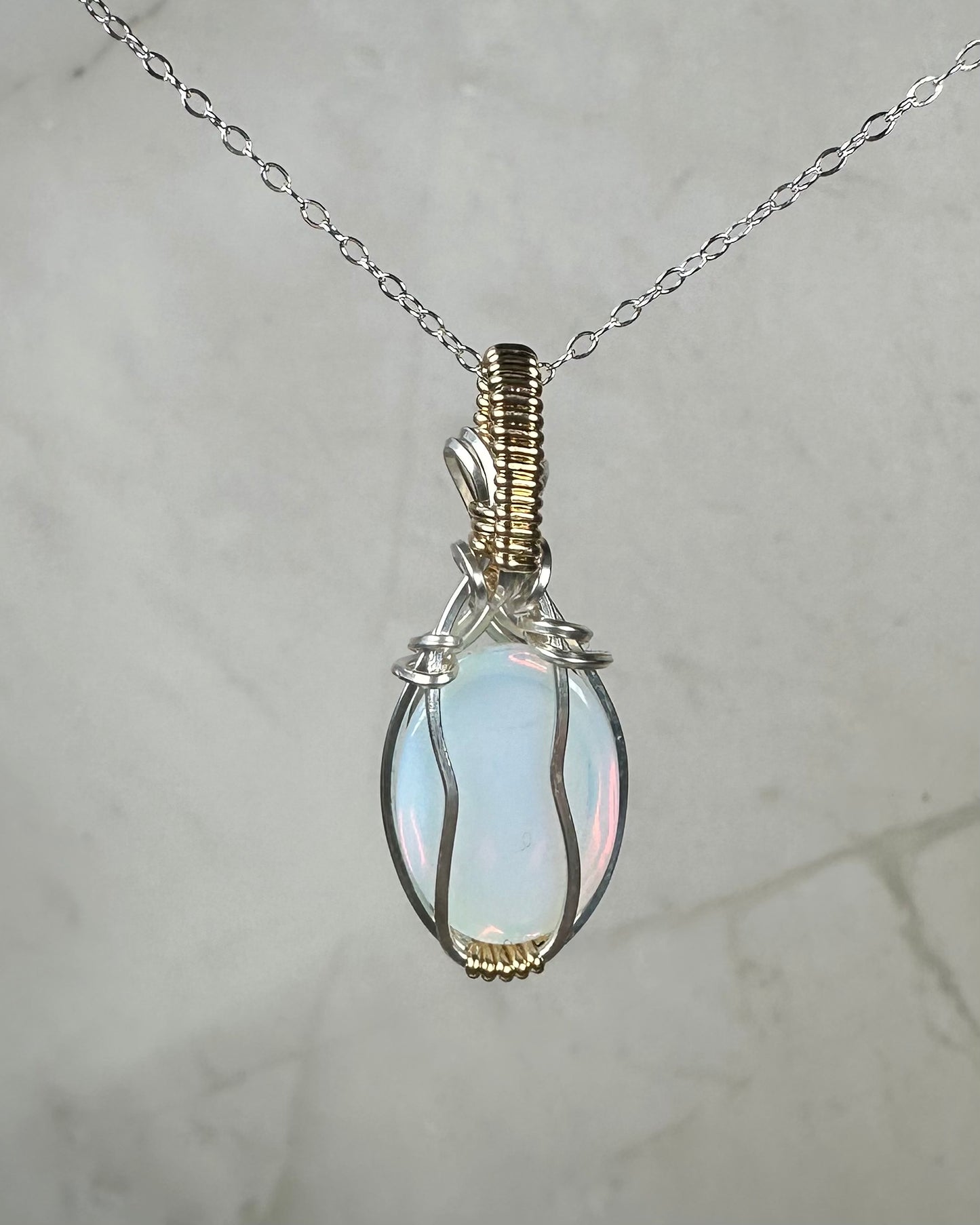 Opalite Glass Pendant Wrapped in Sterling Silver and 14k Goldfilled Wire