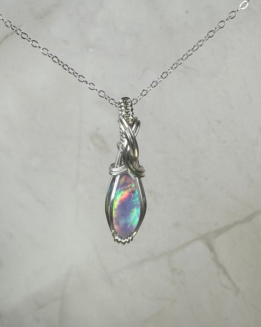 Aurora Opal Doublet Pendant Wire-Wrapped in Sterling Silver