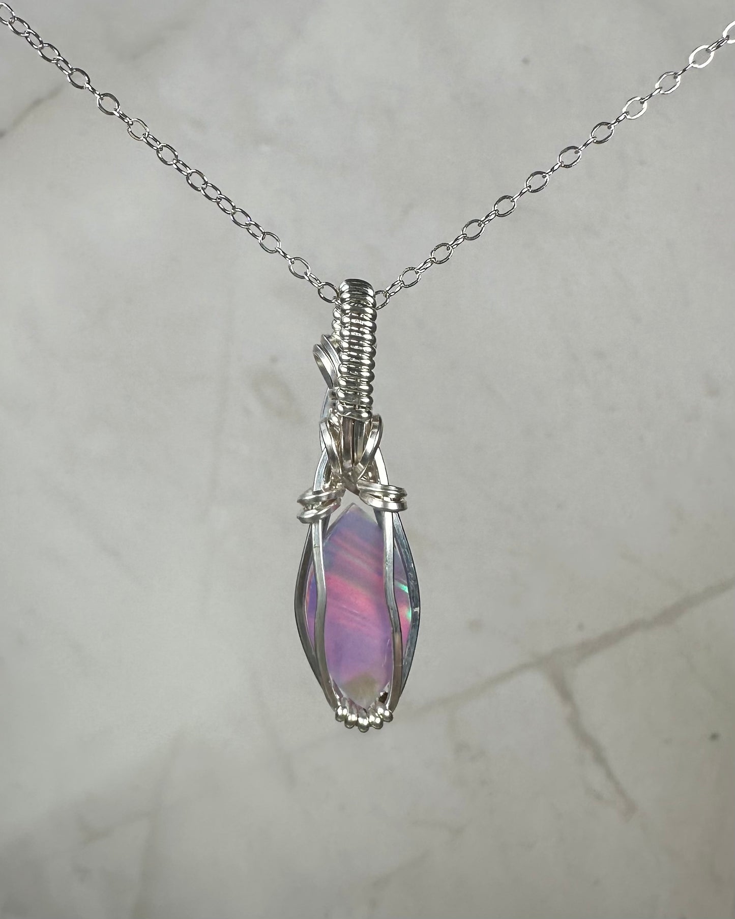 Aurora Opal Doublet Pendant Wire-Wrapped in Sterling Silver