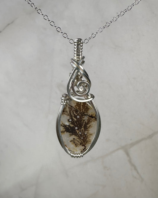 Dendritic "Picture" Agate Pendant Wrapped in Sterling Silver Wire
