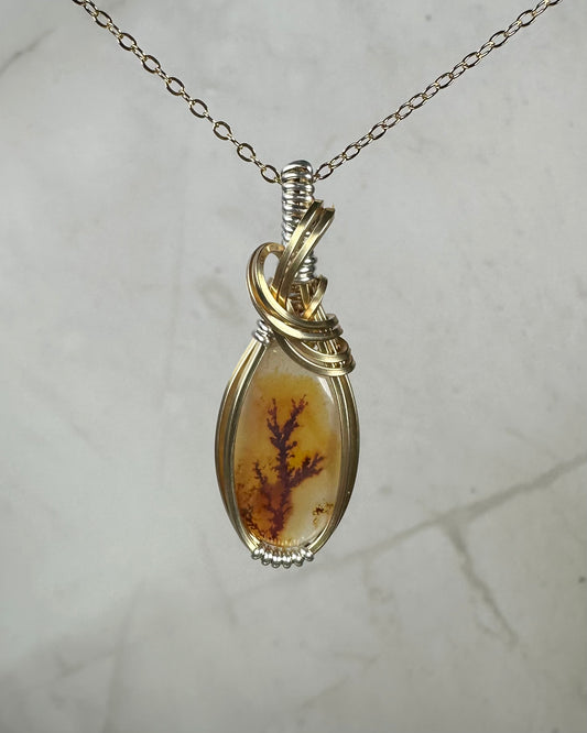Dendritic "Picture" Agate Pendant Wrapped in Sterling Silver and 14k Goldfilled Wire