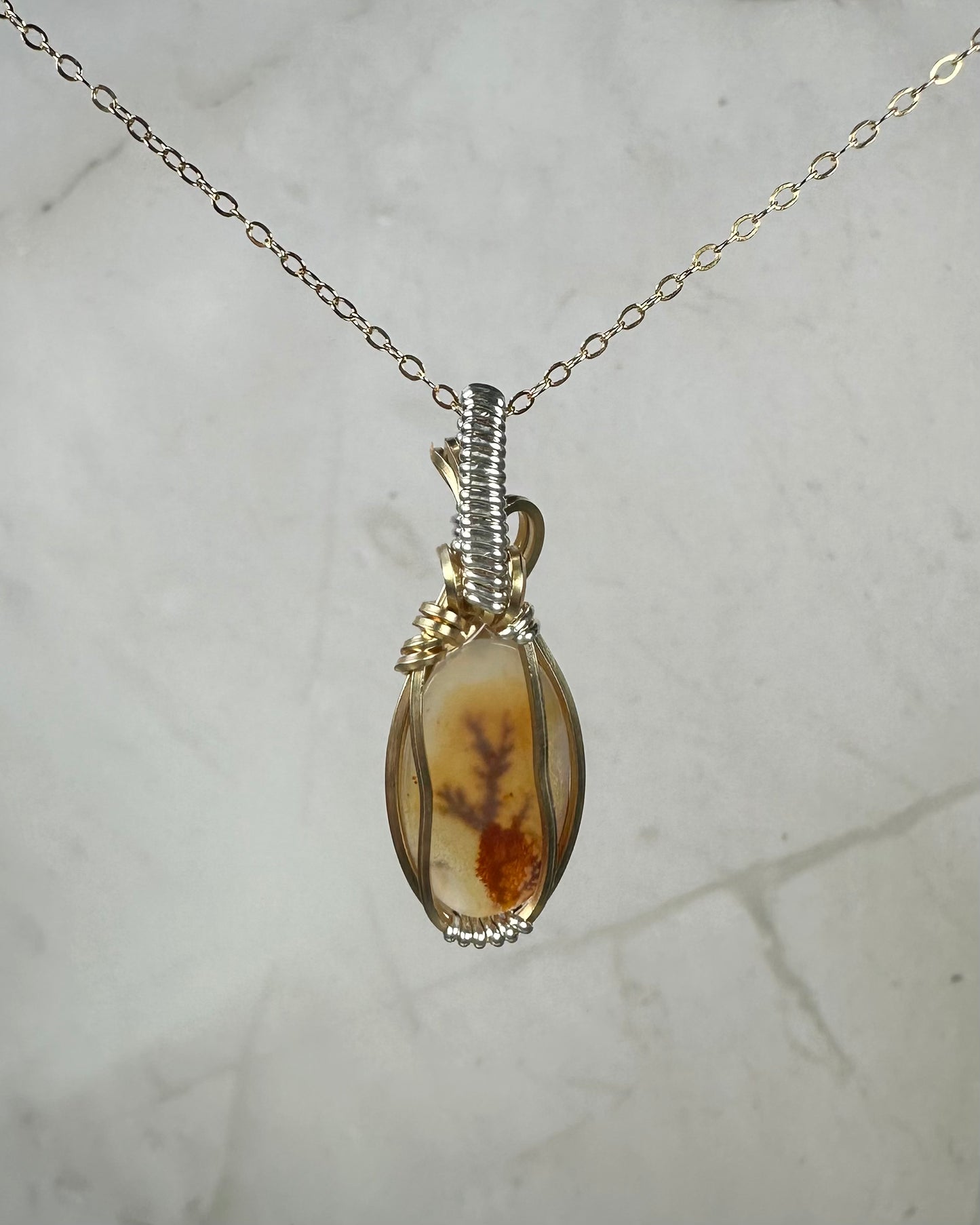 Dendritic "Picture" Agate Pendant Wrapped in Sterling Silver and 14k Goldfilled Wire