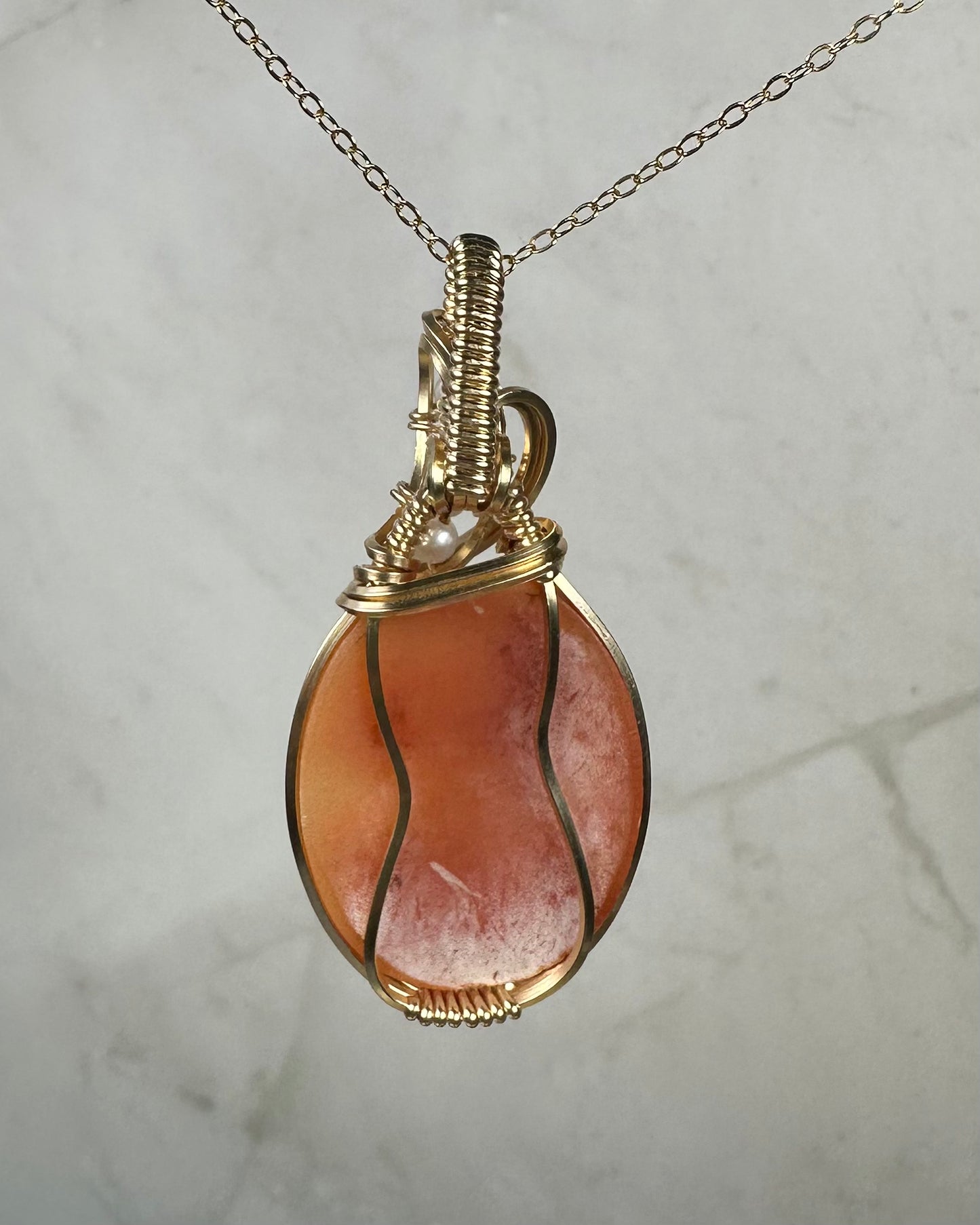 Vintage Carved Shell Cameo Pendant with Natural Pearls Wire-Wrapped in 14k Goldfill