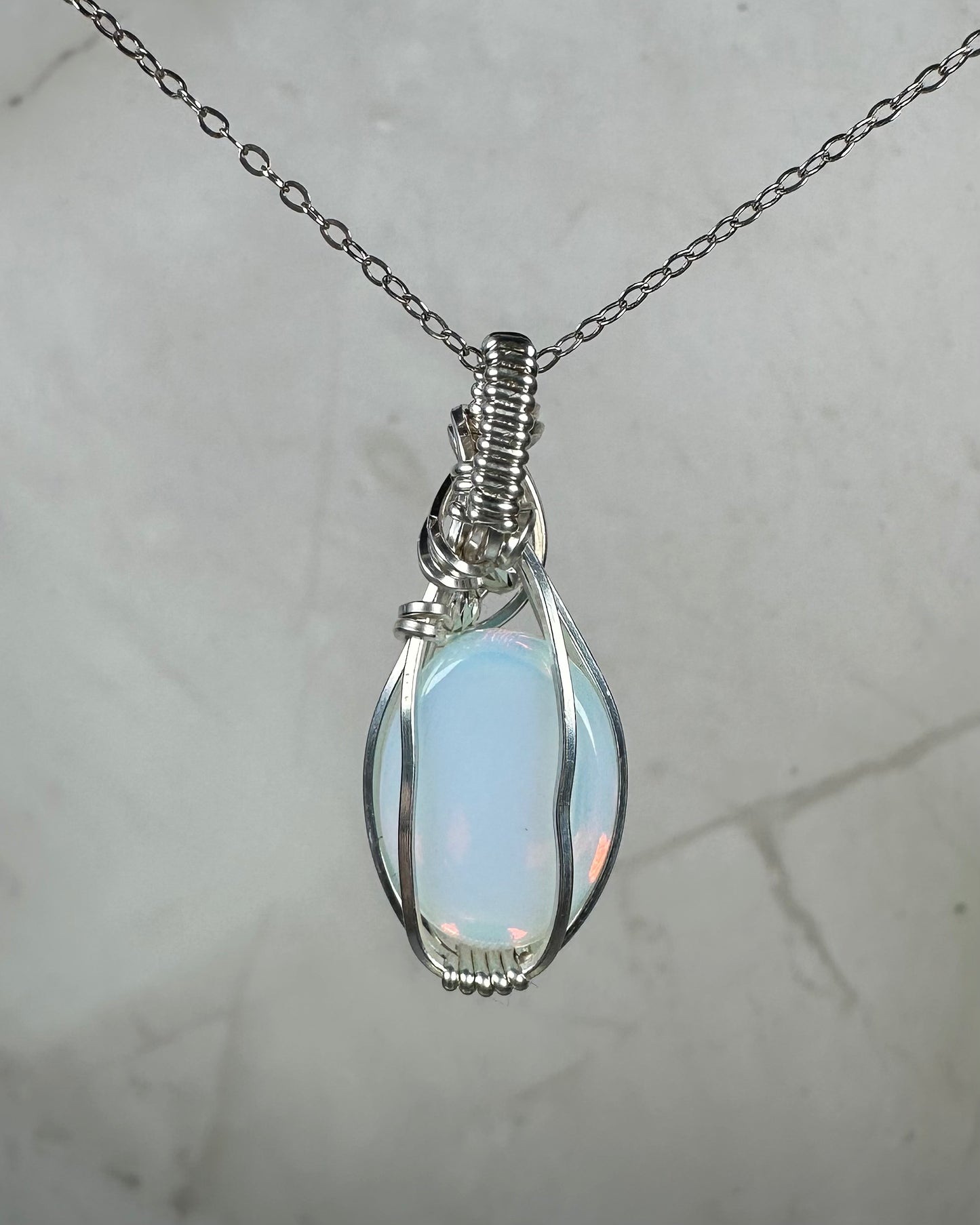 Opalite Glass Pendant Wire-Wrapped in Sterling Silver