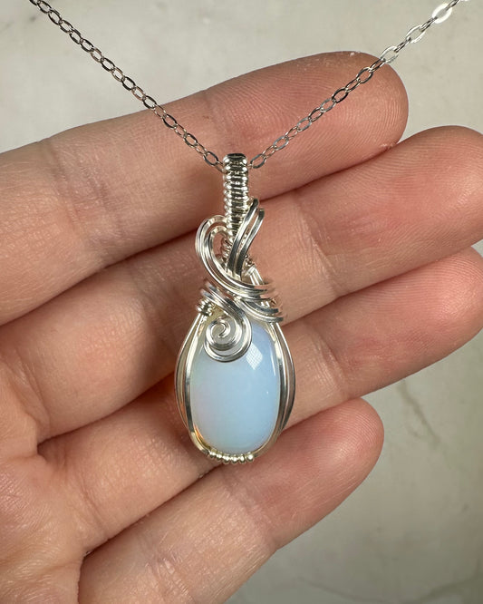 Opalite Glass Pendant Wire-Wrapped in Sterling Silver