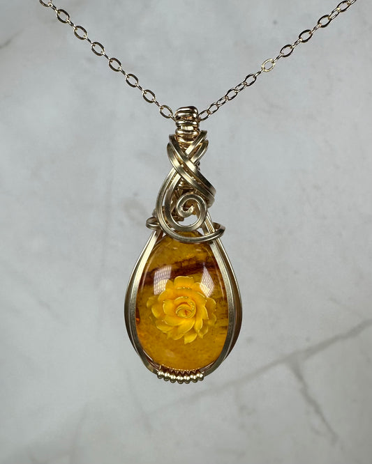Carved Intaglio Baltic Amber with a Rose Pendant Wire-Wrapped in 14k Goldfill