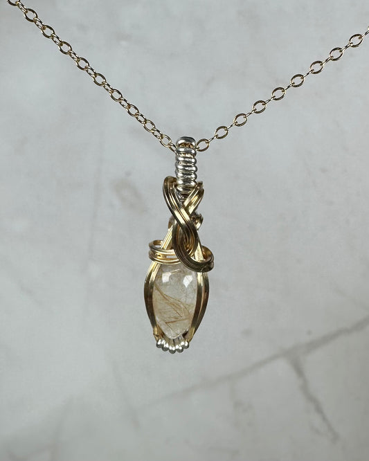 Wire-Wrapped Natural Gold Rutilated Quartz Pendant in 14k Gold-Fill Sterling Silver
