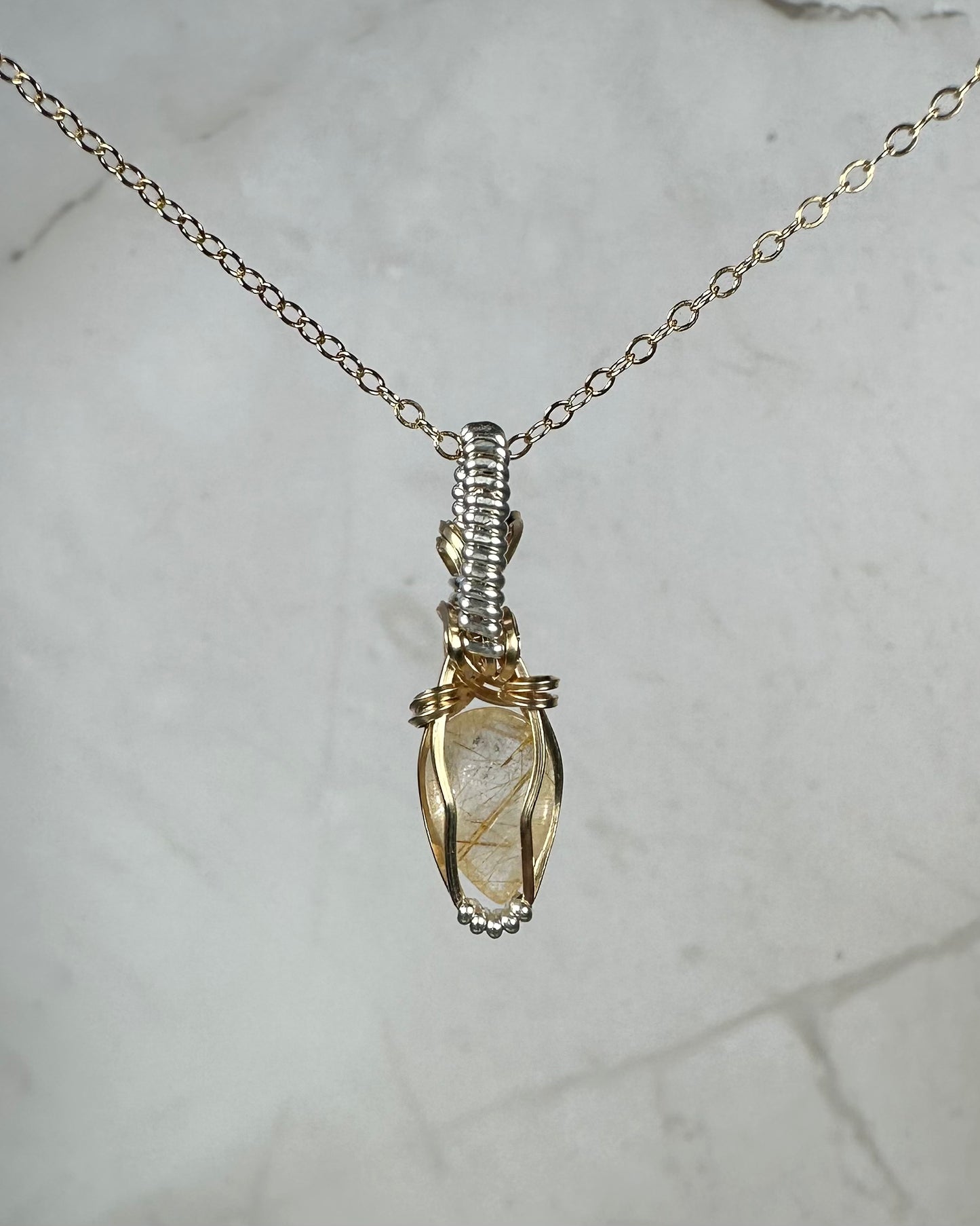 Wire-Wrapped Natural Gold Rutilated Quartz Pendant in 14k Gold-Fill Sterling Silver
