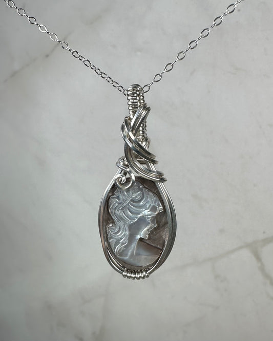 Sterling Silver Wire-Wrapped Vintage Mother of Pearl Carved Cameo Pendant