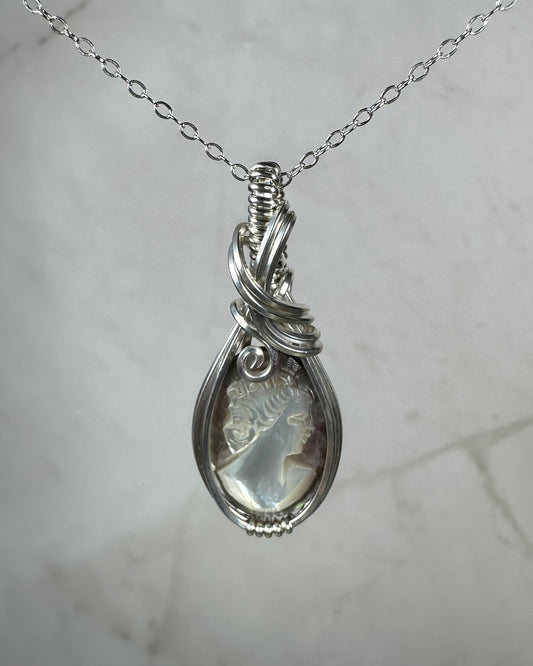 Sterling Silver Wire-Wrapped Vintage Mother of Pearl Carved Cameo Pendant