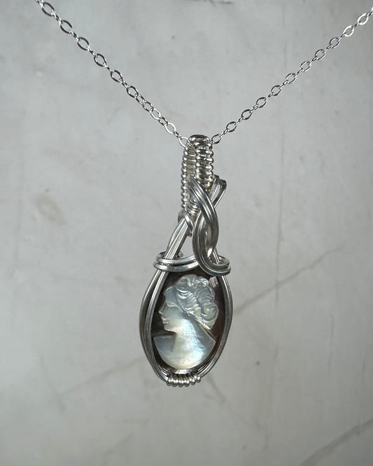Sterling Silver Wire-Wrapped Vintage Mother of Pearl Carved Cameo Pendant