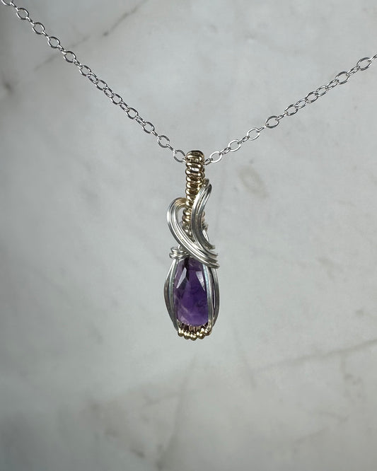 Rosecut Amethyst Pendant Wire-Wrapped in Sterling Silver and 14k Goldfilled Wire