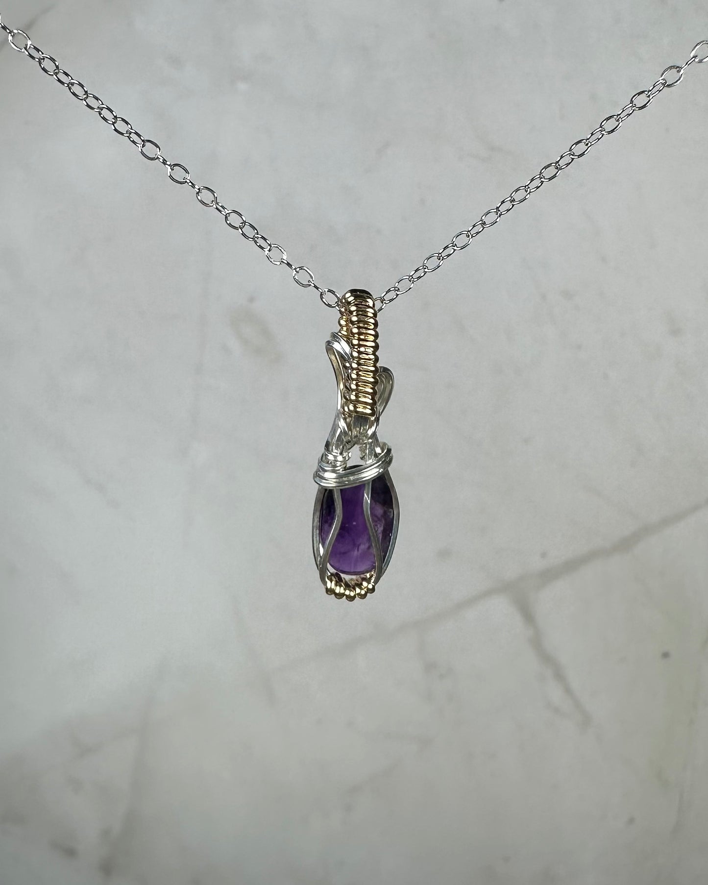 Rosecut Amethyst Pendant Wire-Wrapped in Sterling Silver and 14k Goldfilled Wire