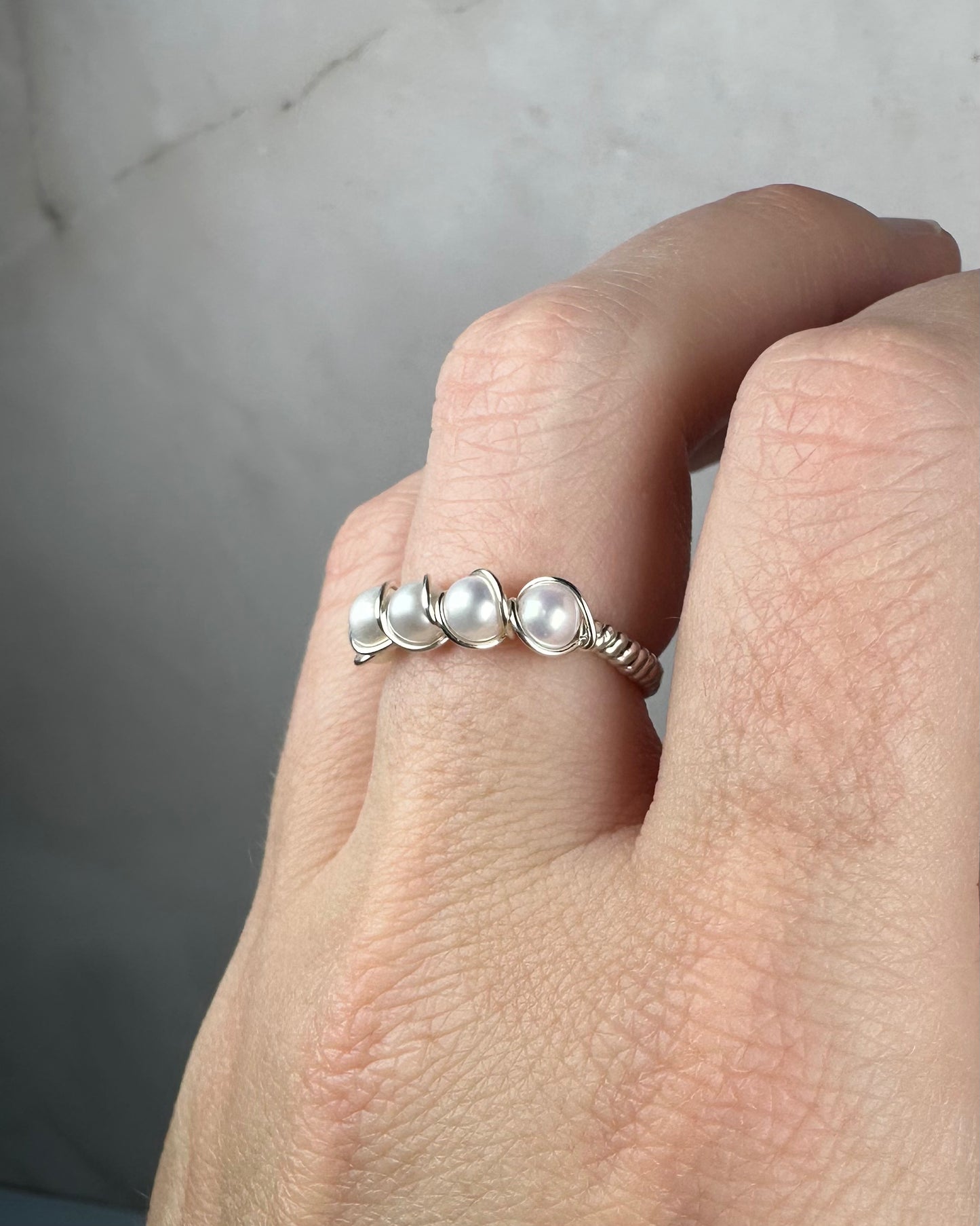 Wire-Wrapped Sterling Silver Five-Pearl Ring, with Natural AAA Grade Cultured Akoya 4mm Pearls