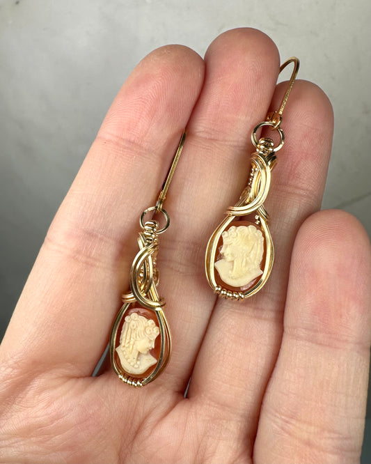 Vintage Carved Shell Cameos of Women Dangle Earrings Wire-Wrapped in 14k Goldfill
