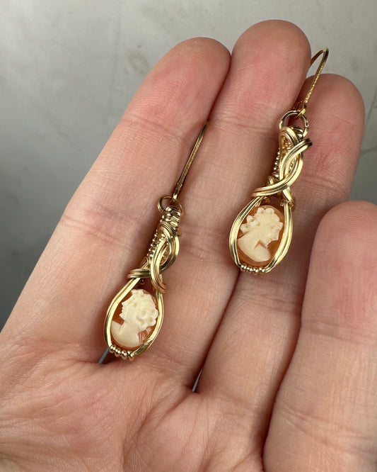 Vintage Carved Shell Cameos of Women Dangle Earrings Wire-Wrapped in 14k Goldfill