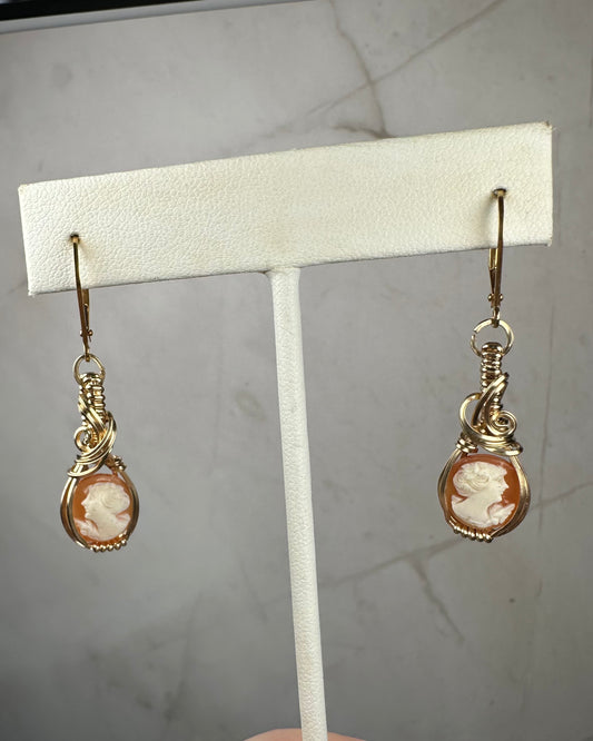 Vintage Carved Shell Cameos of Women Dangle Earrings Wire-Wrapped in 14k Goldfill