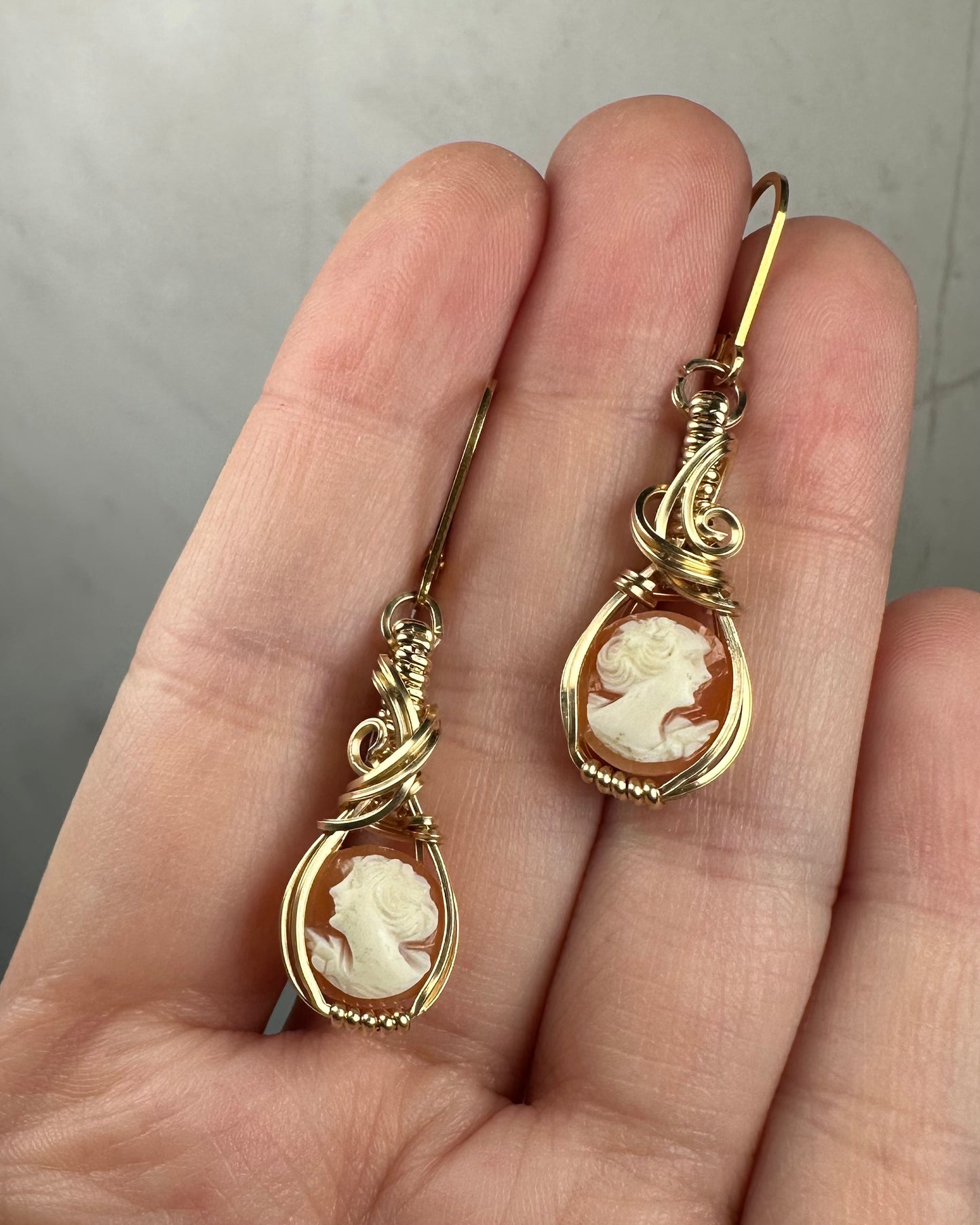 Vintage Carved Shell Cameos of Women Dangle Earrings Wire-Wrapped in 14k Goldfill