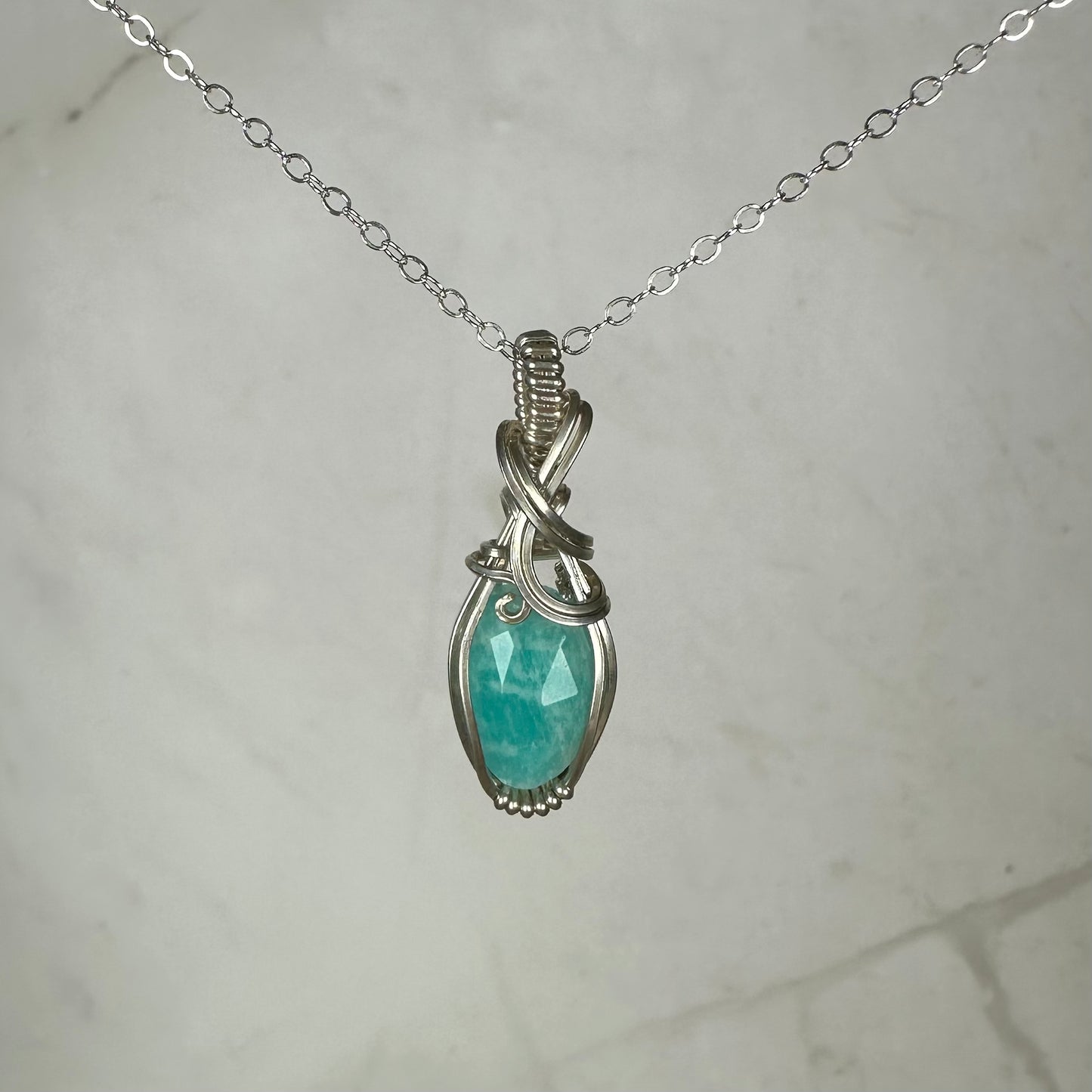 Rosecut Amazonite Pendant Wire-Wrapped in Sterling Silver