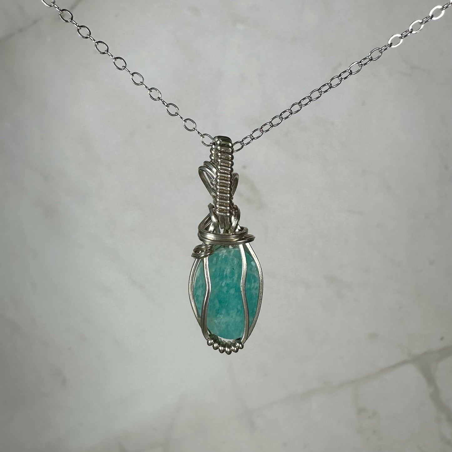 Rosecut Amazonite Pendant Wire-Wrapped in Sterling Silver