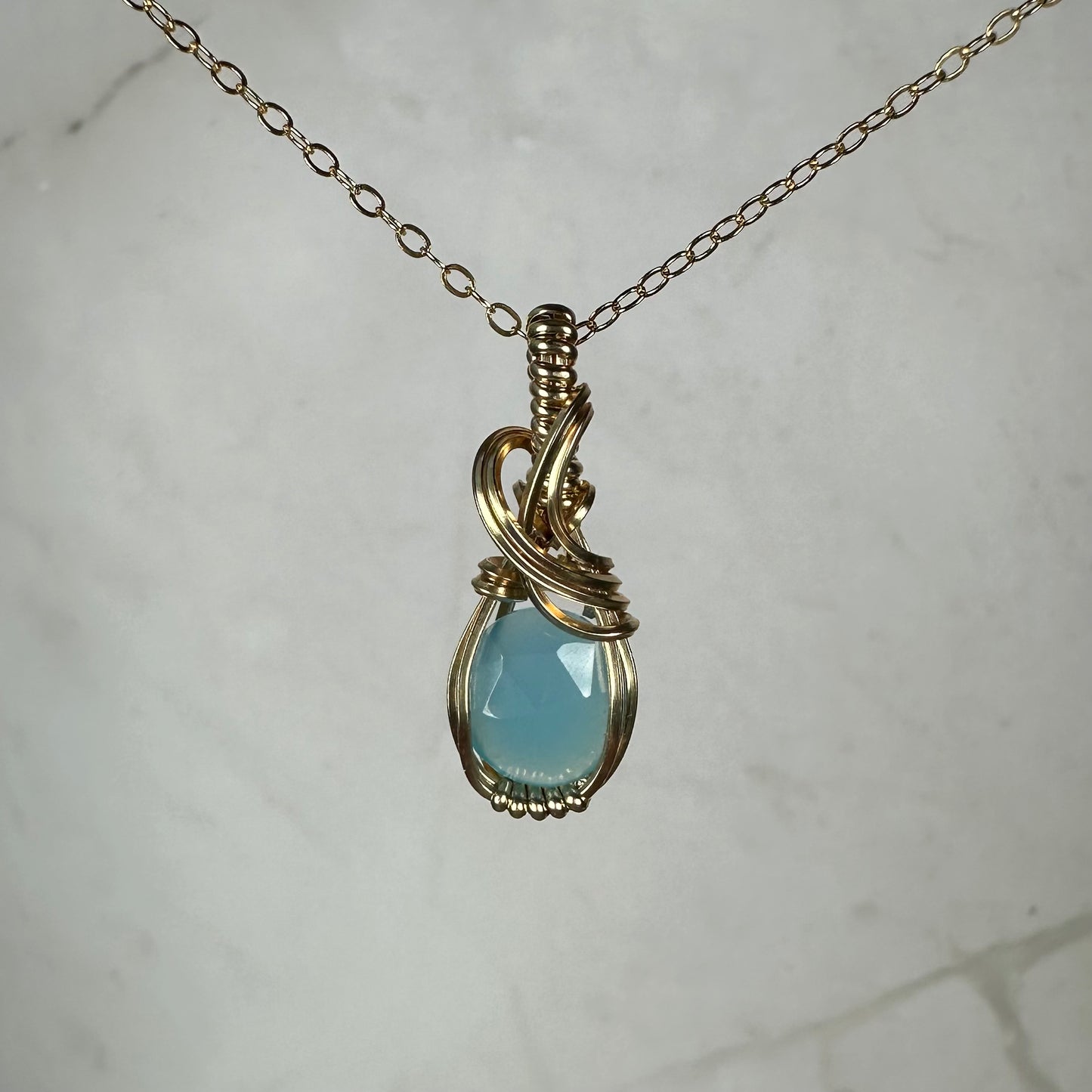 Rosecut Aqua Blue Chalcedony Pendant Wire-Wrapped in 14k Goldfill