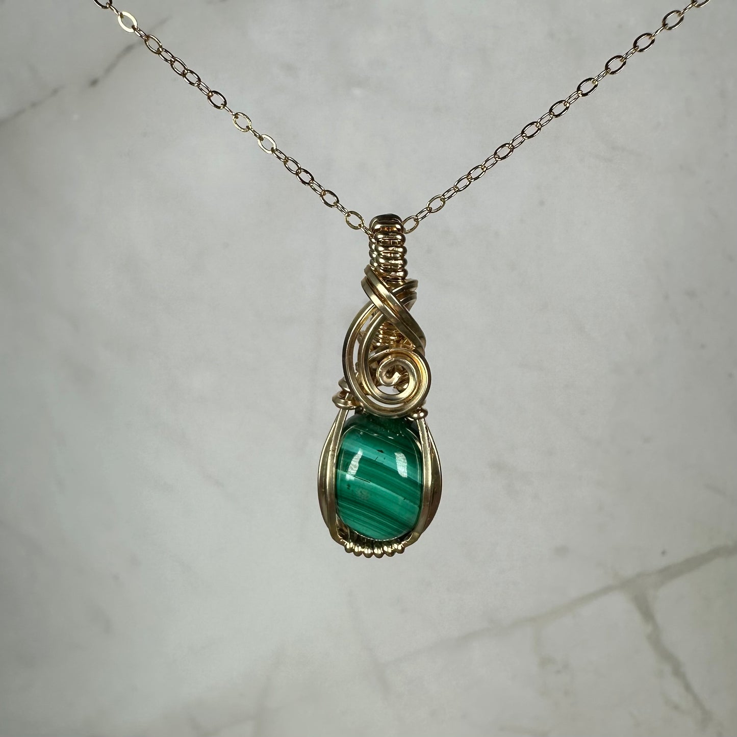 Malachite Pendant Wire-Wrapped in 14k Goldfill