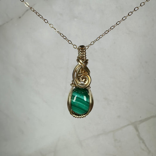 Malachite Pendant Wire-Wrapped in 14k Goldfill