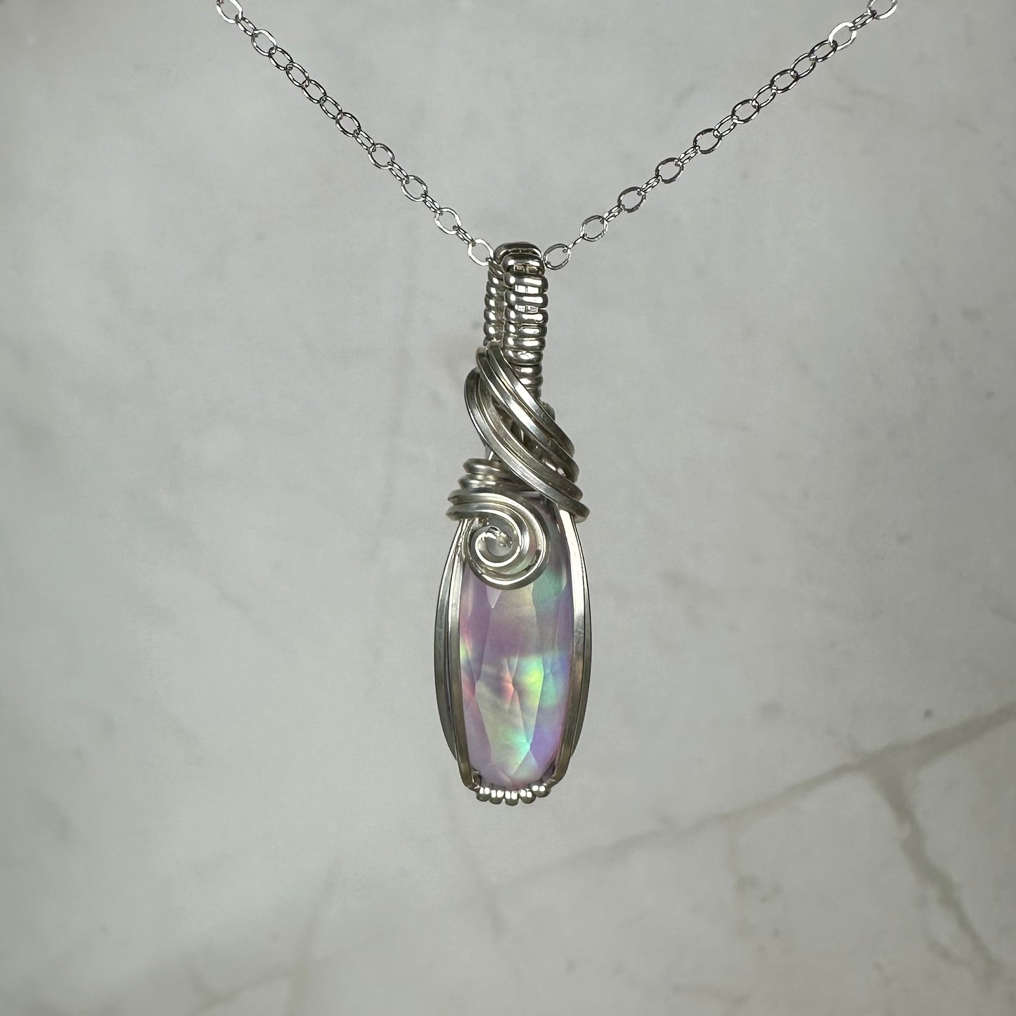 Aurora Opal Doublet Pendant Wire-Wrapped in Sterling Silver