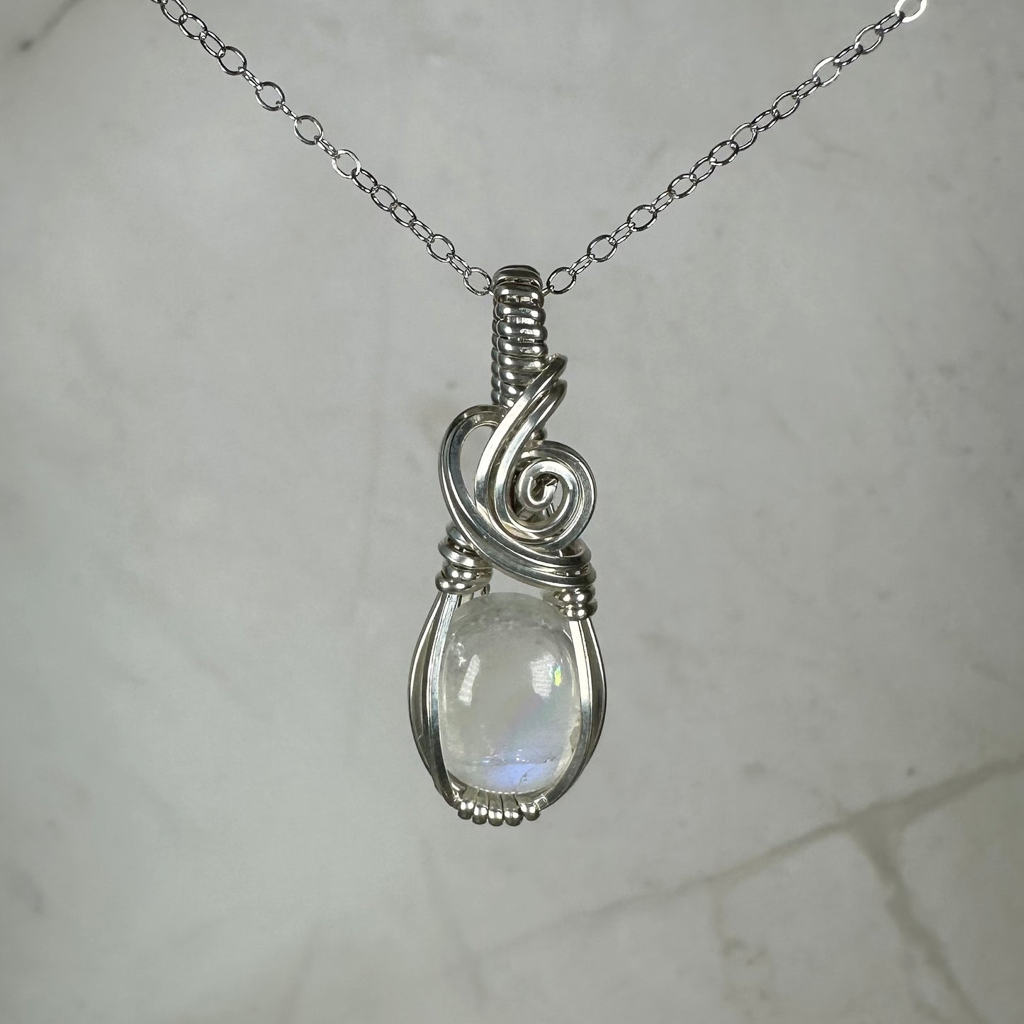 Rainbow Moonstone Pendant Wire-Wrapped in Sterling Silver
