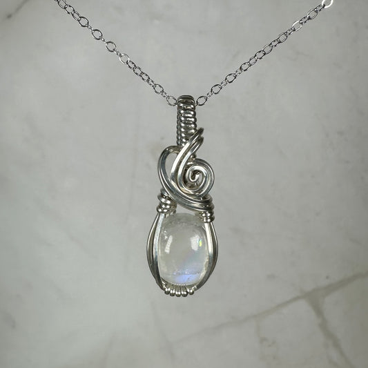 Rainbow Moonstone Pendant Wire-Wrapped in Sterling Silver