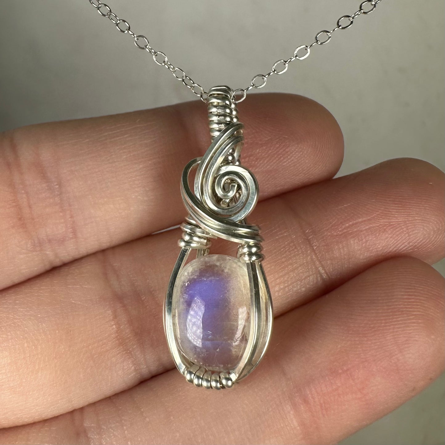 Rainbow Moonstone Pendant Wire-Wrapped in Sterling Silver