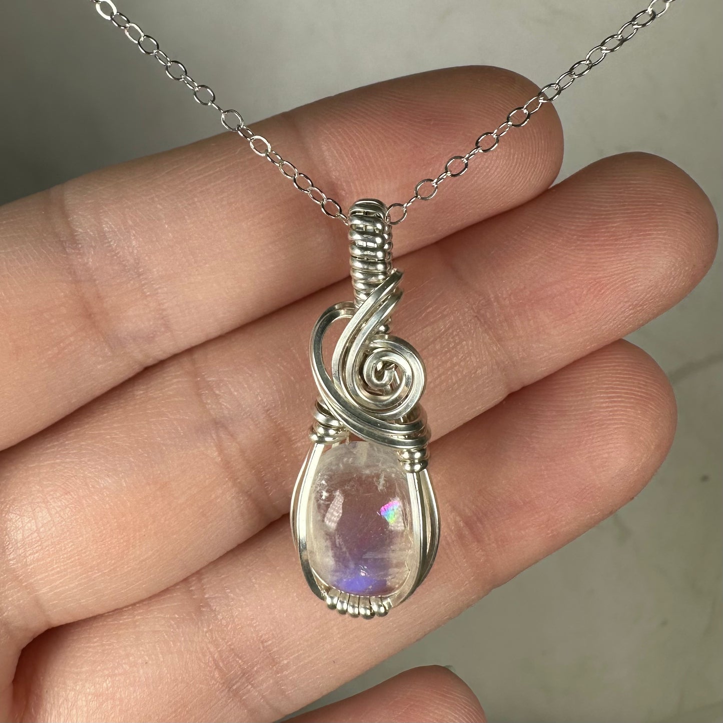 Rainbow Moonstone Pendant Wire-Wrapped in Sterling Silver