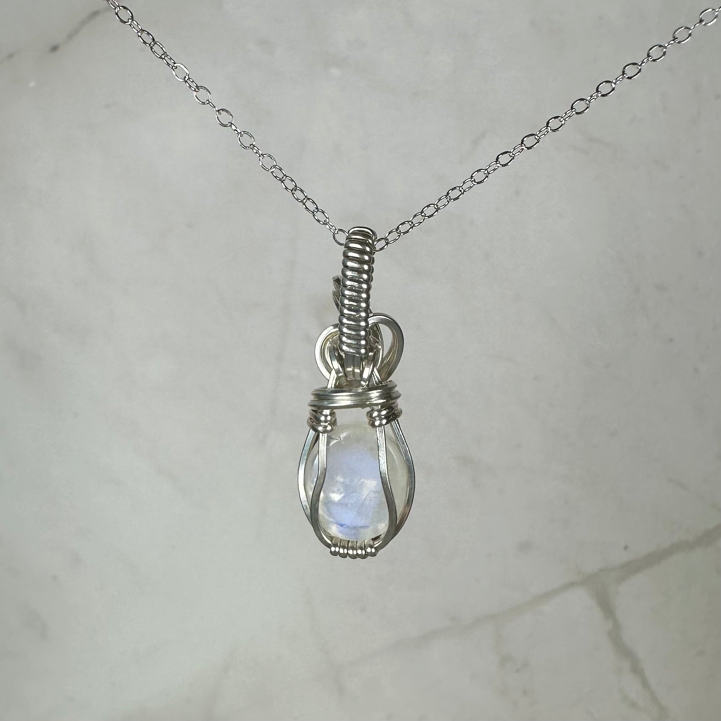 Rainbow Moonstone Pendant Wire-Wrapped in Sterling Silver