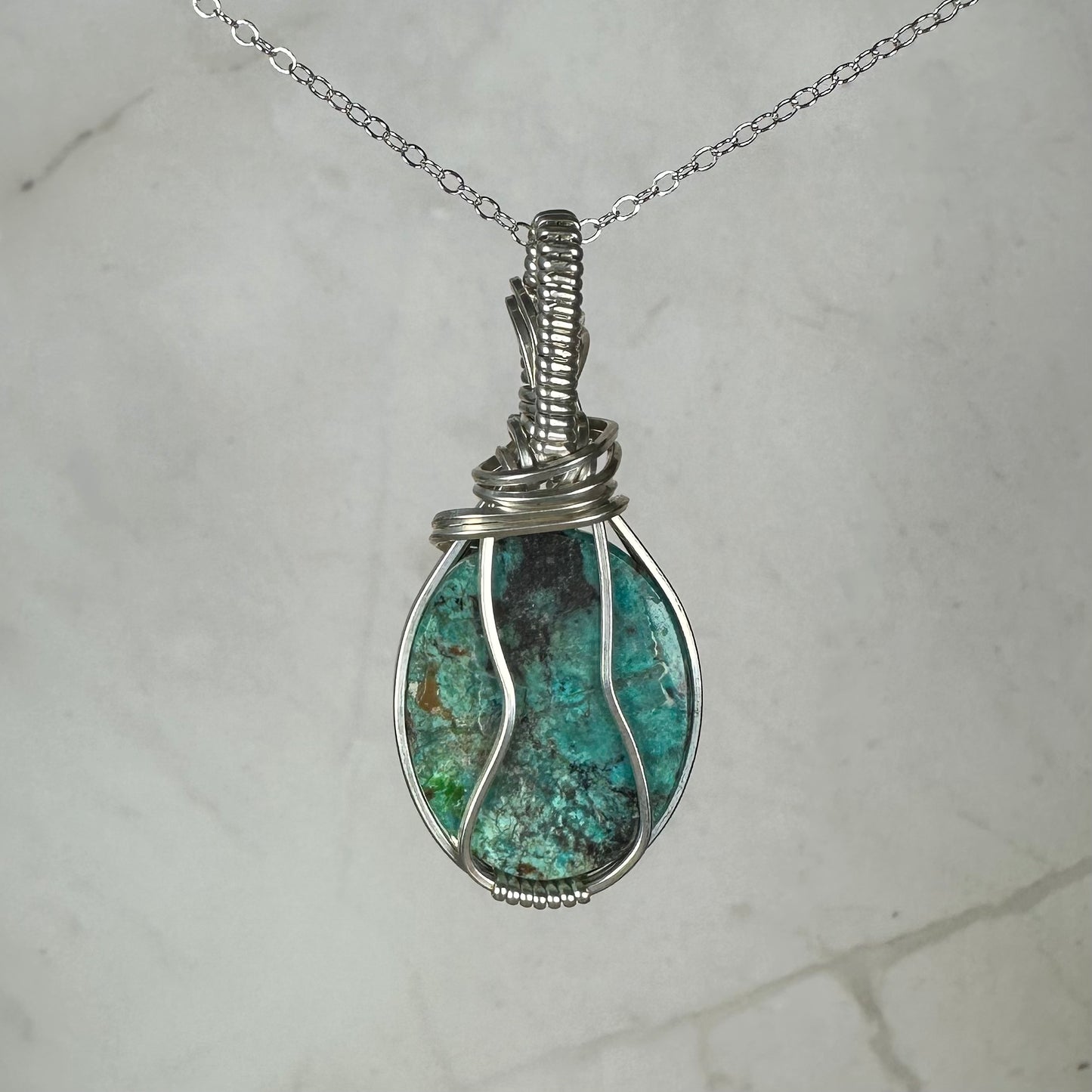 Parrot-Wing Chrysocolla Pendant Wire-Wrapped in Sterling Silver